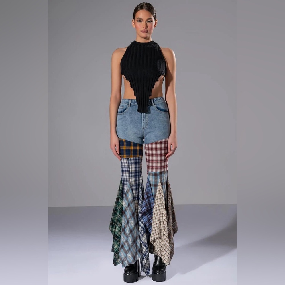NWT! REHAB LAB Plaid Patchwork Mixed Media Flannel Flare Leg Denim Jeans Pants - Picture 6 of 15